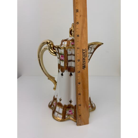 NIPON Porcelain Hand-Painted Chocolate Pot Pink Rose Gold Raised Beaded Gilt VTG - Picture 11 of 13